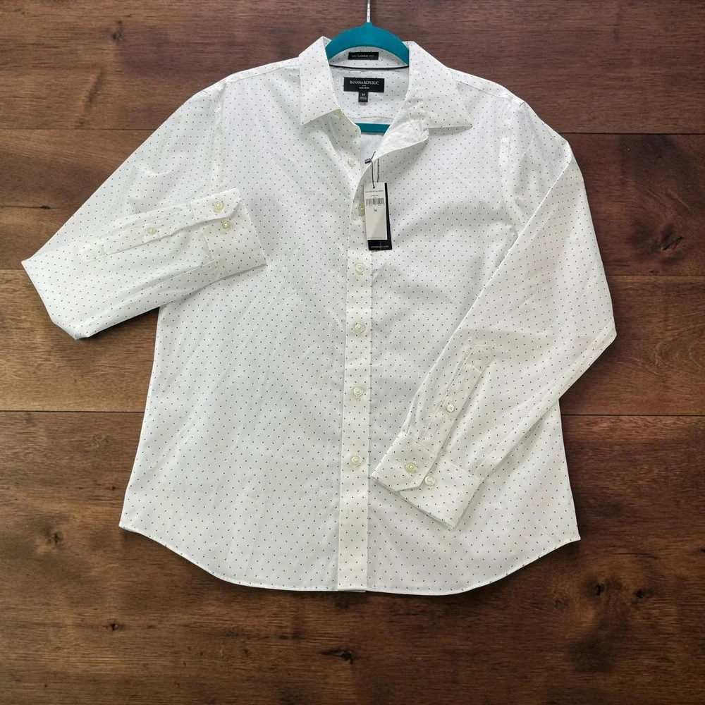 Banana Republic Mens M Untucked Fit Non-Iron Cotton Dash Print Shirt White Navy